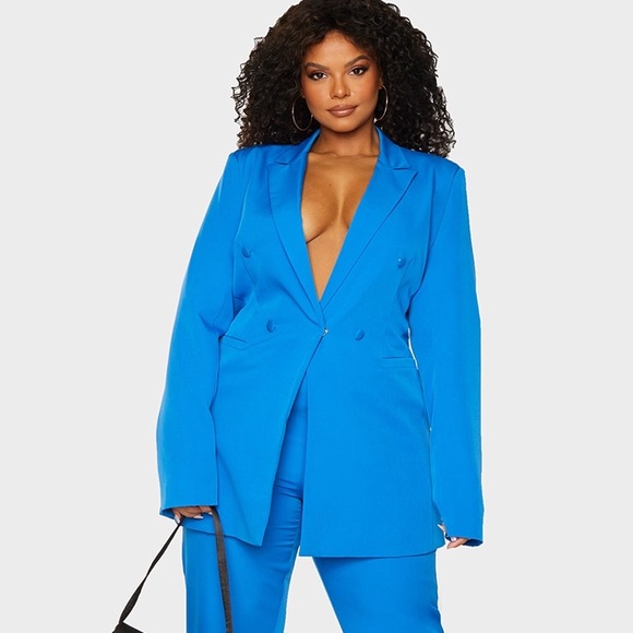 PrettyLittleThing Pants - PLT Plus Blue Double Breasted Woven Blazer and Plus Blue Cropped Pants